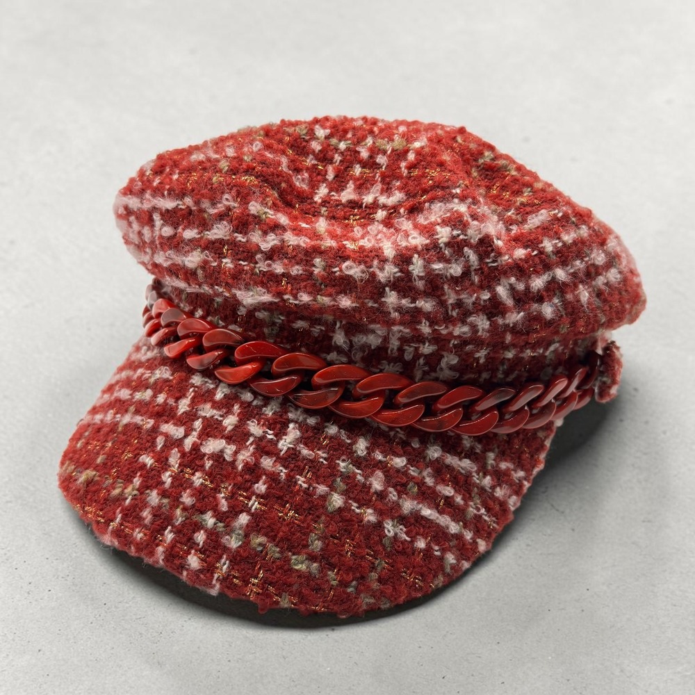 Baker Boy Cap San Diego Hat Co Plaid Red White Bouclé Tweed Gold Metallic Chain